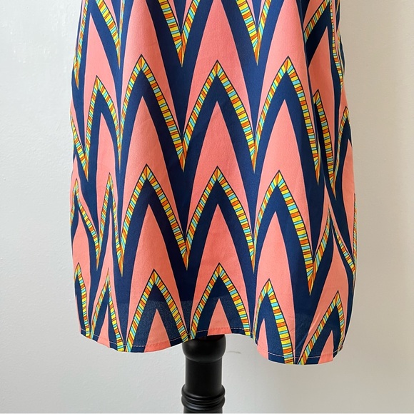 Pink Owl Multicolored Zig Zag Shift Boho Jewel High Neck Mini Dress - Picture 5 of 6